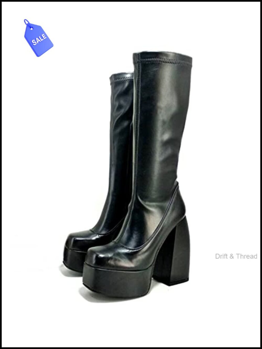 Women's Chunky High Heel Square Toe Side Zipper PU Leather Stretch Platform